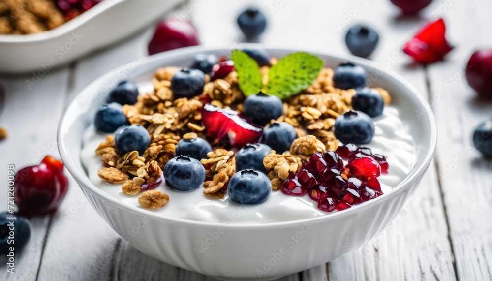 A bowl of yogurt with granola and blueberries