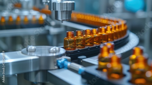 Pharmaceutical Factory's Production Line for Medical Vials and Vaccines. Laboratory machines intricately sculpt chemical glass bottles, marking the apex of healthcare innovation. Generative AI