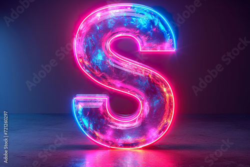 Letter S - colorful glowing outline alphabet symbol on blue lens flare dark background © krishnendu