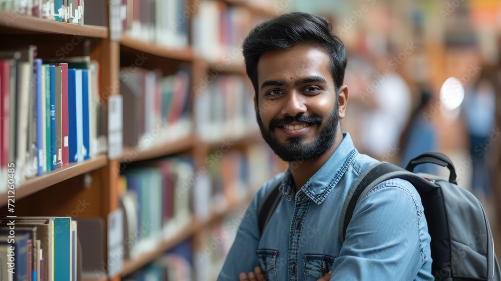 Portrait of cheerful male international Indian student with backpack, learning accessories standing near bookshelves at university library or book store during break between lessons. Education concept