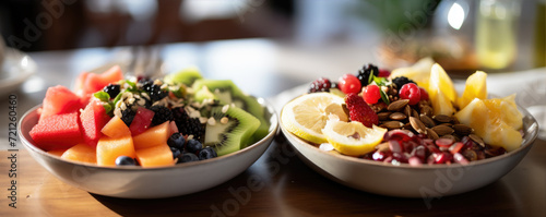 Close up photo of fresh fruit and nuts on plate, healthy food concept photo
