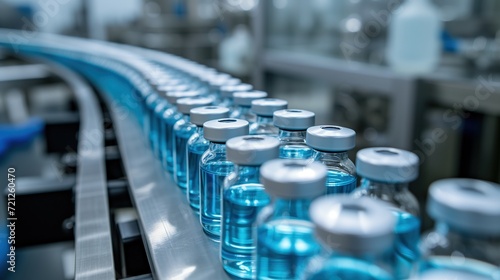 Pharmaceutical Facility's Precision Production Line for Medical Vials and Vaccines. Chemical glass bottles take shape under the intricate dance of laboratory machines. Generative AI