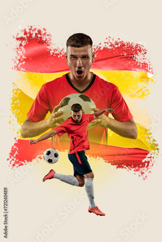 Motivated young soccer player representing team of Spain. Spanish flag on background. Creative collage. Concept of football sport, championship, game, competition, tournament. Poster for sport events © master1305