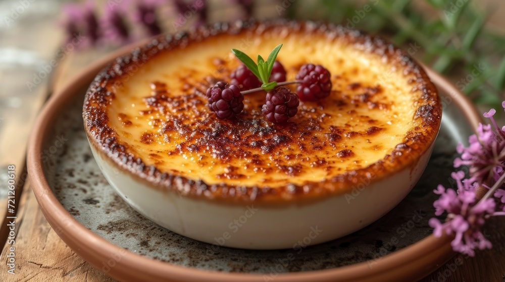 Creme Brulee well decorated on a plate product photo Creme Brulee well decorated on a plate product photo