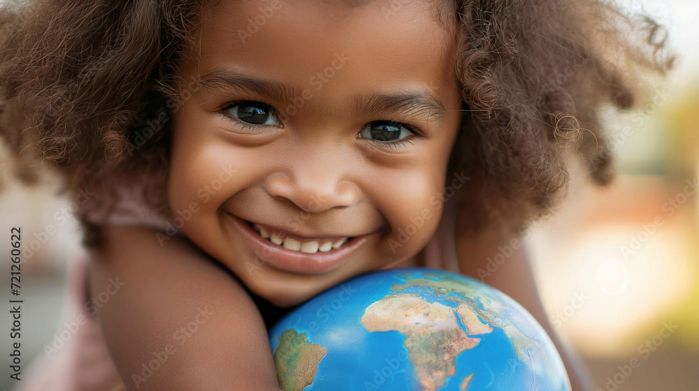 A black girl is holding a model of planet Earth, representing racial equality for a sustainable future for children. Climate change. AI Generative A black girl is holding a model of planet Earth, representing racial equality for a sustainable future for children. Climate change. AI Generative