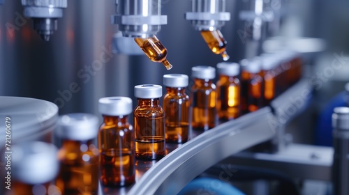 Medical Vials and Vaccines on Precision Production Line. Laboratory machines choreograph the creation of chemical glass bottles, leading the charge in scientific progress. Generative AI