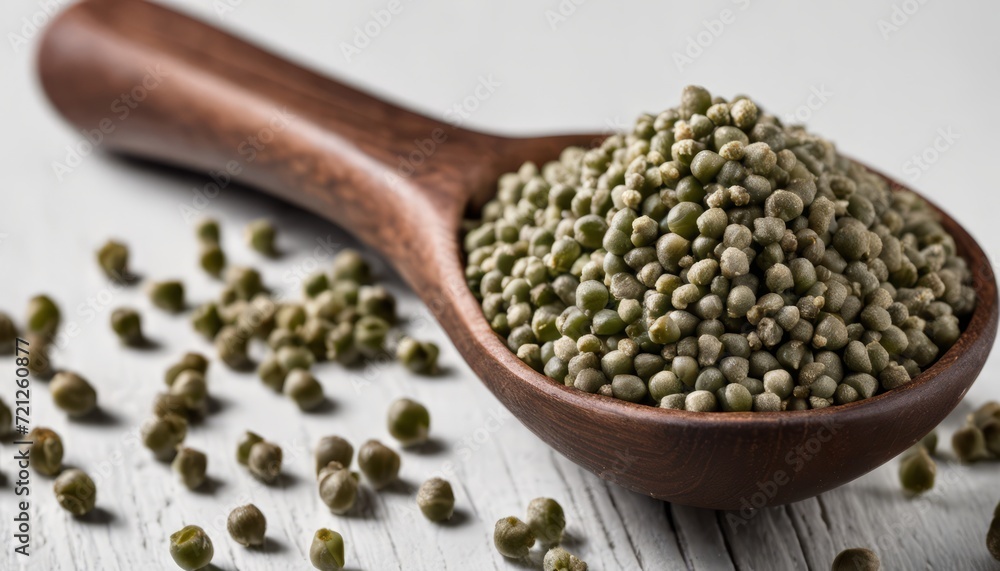 A wooden spoon full of peppercorns A wooden spoon full of peppercorns