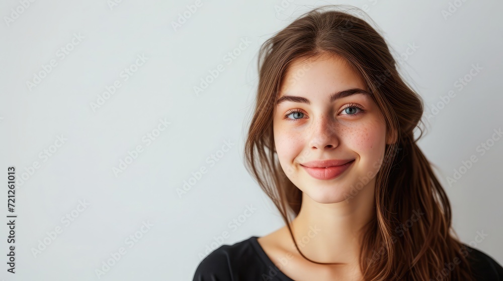 Portrait of young beautiful cute cheerful girl smiling looking at camera over white background Portrait of young beautiful cute cheerful girl smiling looking at camera over white background