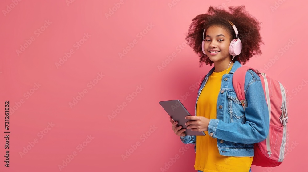 Positive African American teen student with backpack, tablet pc and ...