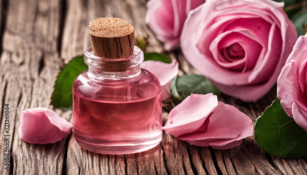 A bottle of perfume with a rose petal on top A bottle of perfume with a rose petal on top