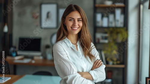 Portrait of young smiling woman looking at camera with crossed arms. Happy girl standing in creative office.