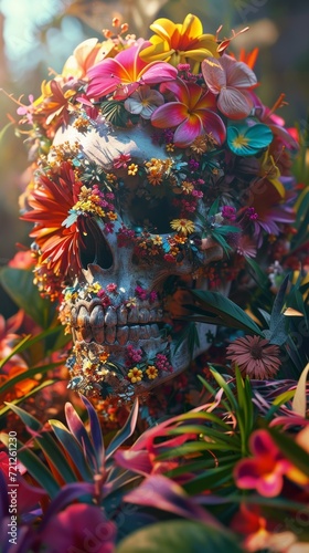 A skull made out of flowers and leaves