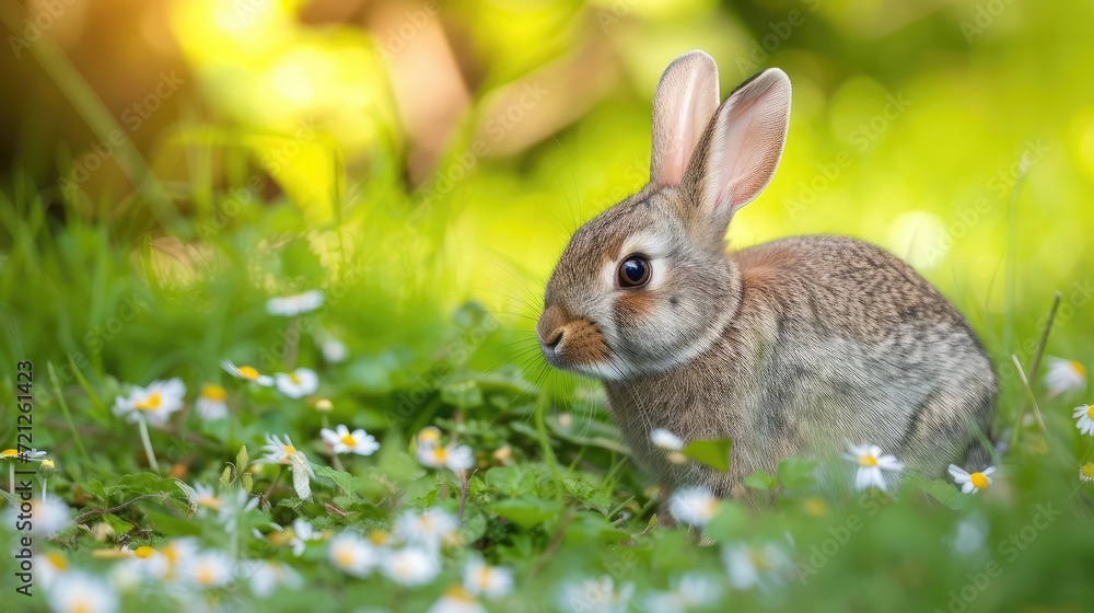 Rabbit in the meadow with flowers, shallow depth of field Rabbit in the meadow with flowers, shallow depth of field