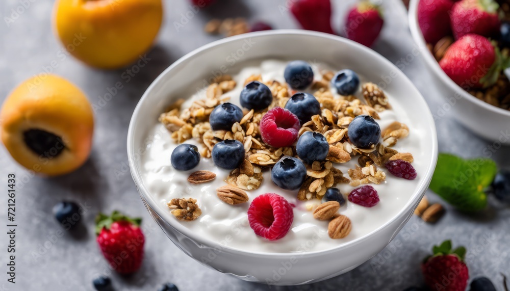 A bowl of yogurt with granola, blueberries, and strawberries A bowl of yogurt with granola, blueberries, and strawberries