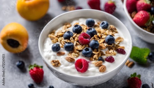 A bowl of yogurt with granola, blueberries, and strawberries