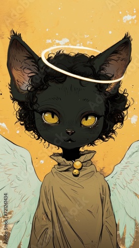 A black cat with angel wings and a halo