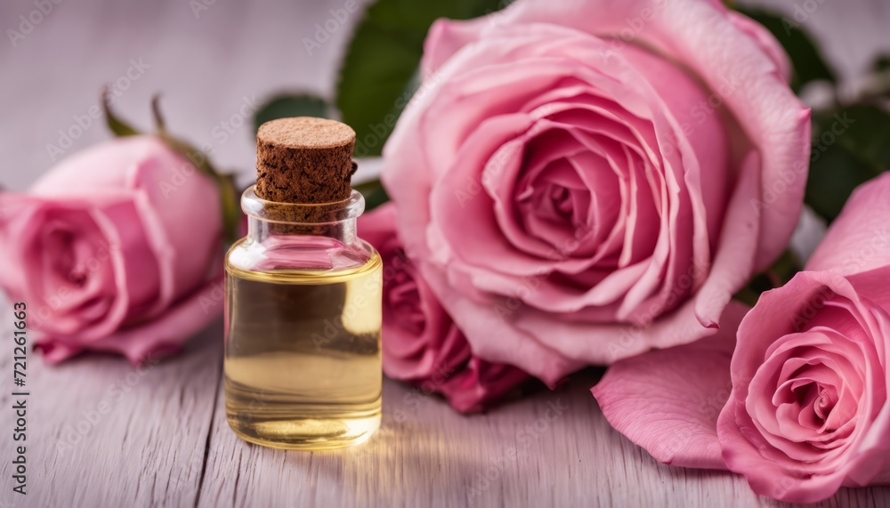 A bottle of oil sits next to a bunch of pink roses A bottle of oil sits next to a bunch of pink roses