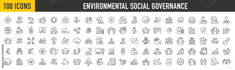Set of 100 ESG, Environmental Social Governance web icons in line style. Sustainable developmen , sustainability, net zero, climate crisis, recycle, electric car, collection. Vector illustration.