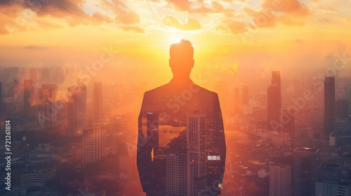 The double exposure image of the business man standing back during sunrise overlay with cityscape image. © buraratn