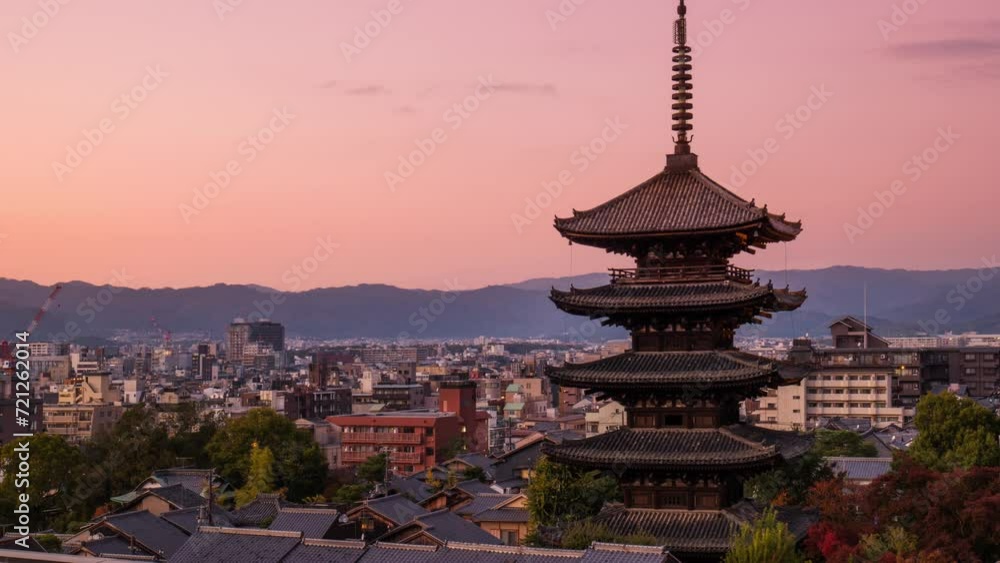 kyoto city skyline timelapse day to night,hokan ji temple or yasaka pagoda in the foreground with old traditional district of Higashiyama kyoto city skyline timelapse day to night,hokan ji temple or yasaka pagoda in the foreground with old traditional district of Higashiyama