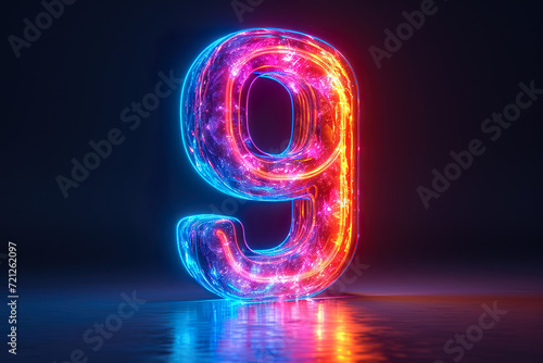 Number 9 - colorful glowing outline alphabet symbol on blue lens flare dark background © krishnendu