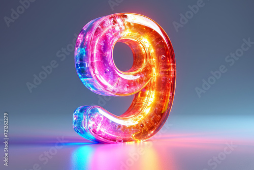 Number 9 - colorful glowing outline alphabet symbol on blue lens flare dark background