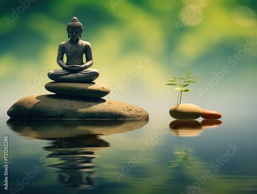 Buddha statue sits atop a rock in a pond, with a smaller plant on a rock nearby