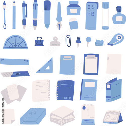 学校やオフィスで使う色々な文房具のシンプルなカラーイラストセット