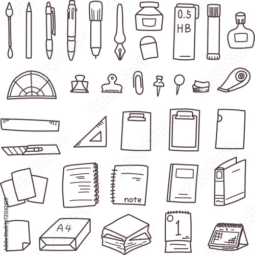 学校やオフィスで使う色々な文房具のシンプルな線画セット
