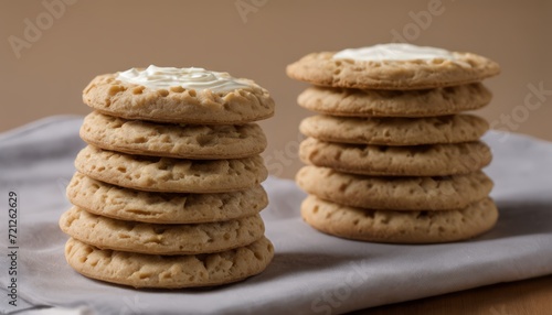 Two stacks of cookies on a table
