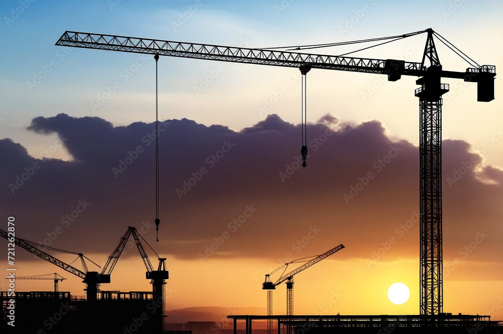 Silhouette of industrial crane on construction site. Industry crane on creation site house building at sunset, aerial view. Construction and renovation of buildings concept. Copy ad text space, poster