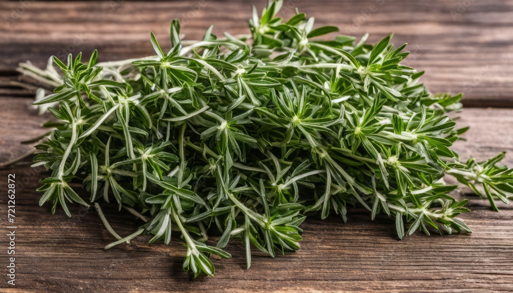A bunch of green herbs on a wooden table A bunch of green herbs on a wooden table