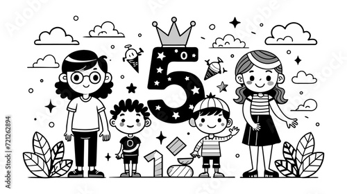 Happy cartoon family celebrating fifth birthday with decorations and crown