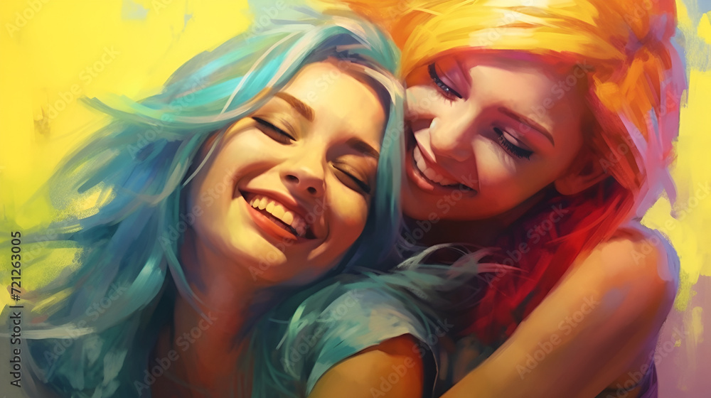 Two beautiful cheerful girls with bright hair, friends, hugging, smiling, laughing. They are happy. Watercolor Two beautiful cheerful girls with bright hair, friends, hugging, smiling, laughing. They are happy. Watercolor