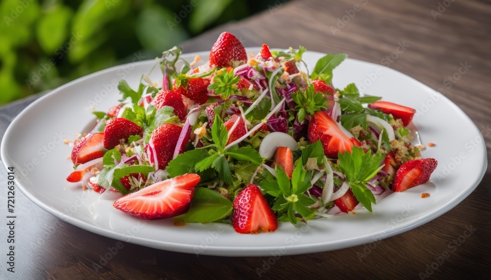 A plate of strawberries and greens on a table A plate of strawberries and greens on a table