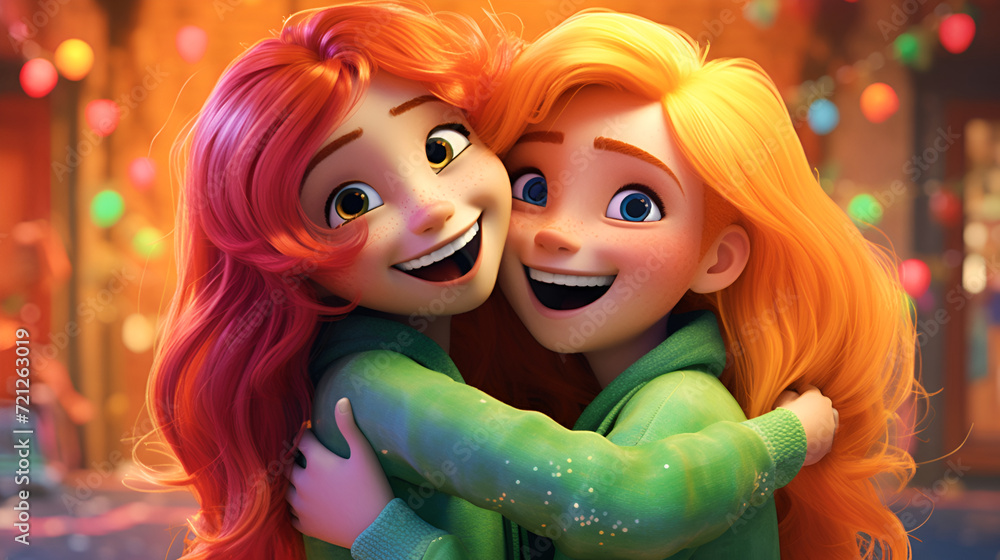 Obraz premium Two beautiful cheerful girls with bright hair and big eyes, like from a cartoon, are friends, hugging, smiling, laughing. They are happy