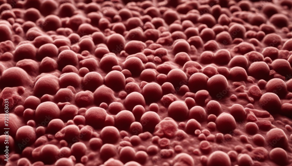 A close up of red bubbles in a liquid