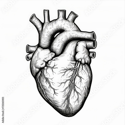 Detailed Human Heart Illustration, outline drawing on white