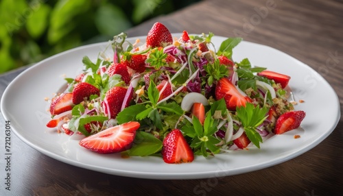 A plate of strawberries and greens on a table