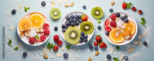 Top view photo of mix of fresh fruit and nuts on white background, healthy food concept