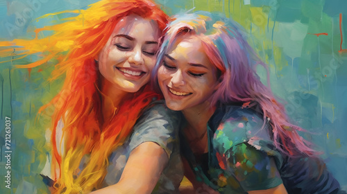 Two beautiful cheerful girls with bright hair, friends, hugging, smiling, laughing. They are happy. Watercolor