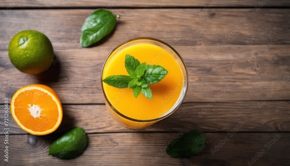 A glass of orange juice with a mint leaf on a wooden table A glass of orange juice with a mint leaf on a wooden table