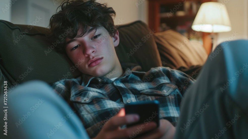 Serious teenager typing text messages on his smartphone while lying on a couch at home