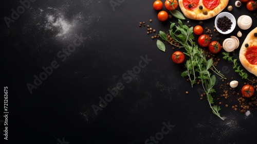 Top view of Italian pizza and pizza ingredients: Cherry tomatoes, herbs and spices on a black background with copy space.