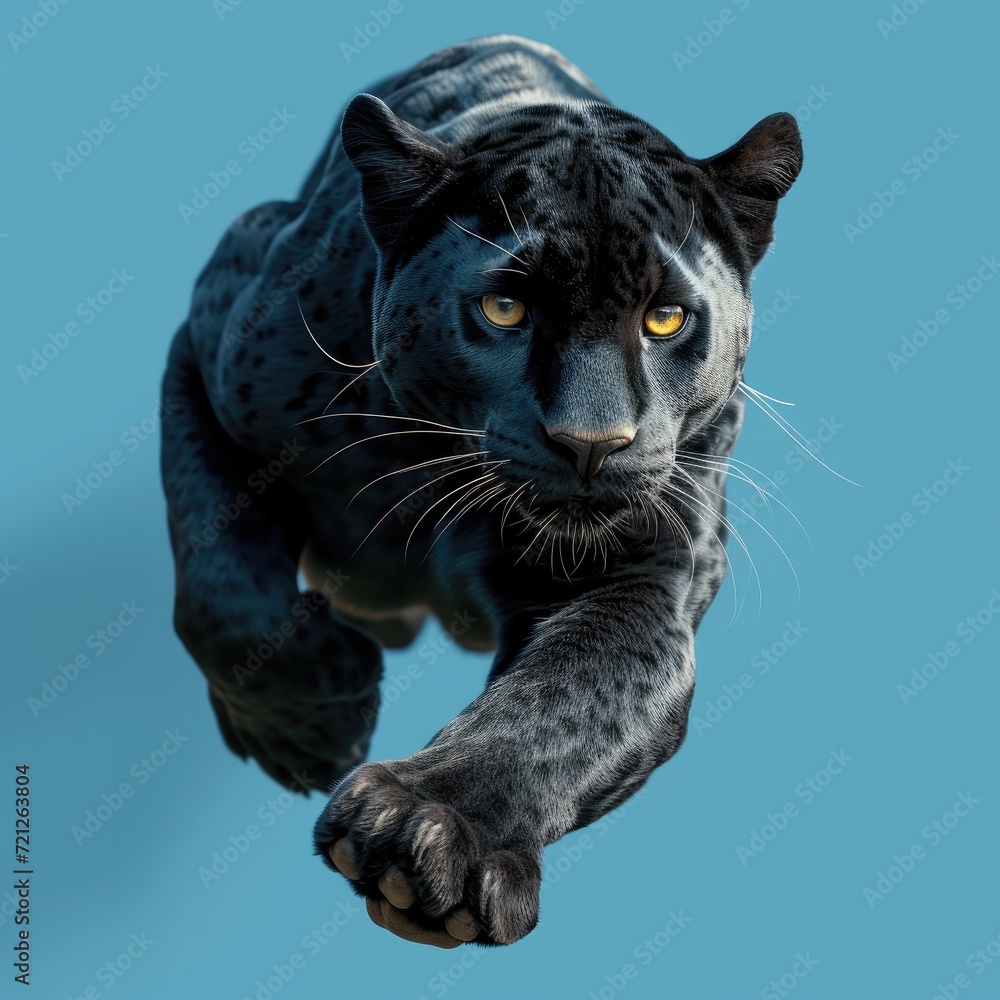 black panther is jumping in solid blue background