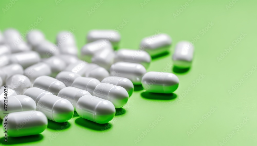 A pile of white pills on a green background