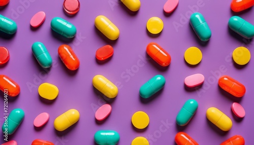 A colorful assortment of pills on a purple background