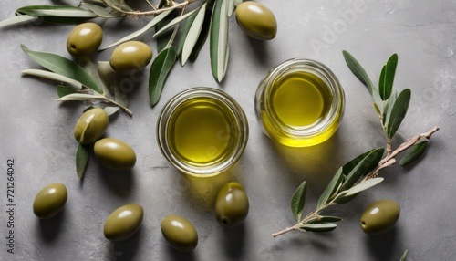 Two glass jars of olive oil with green olives and leaves