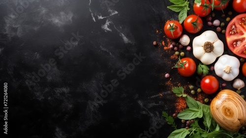 Top view of cherry tomatoes, garlic, herbs and spices on a black concrete background with a copy space. Ingredients for cooking salads and pizzas on the table, Italian cuisine concepts.