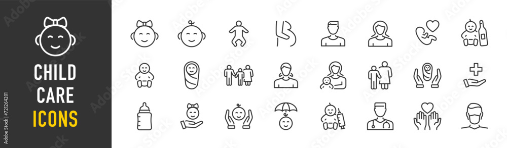 Child care web icons in line style. Care, support, safety, awareness, parenthood. Vector illustration. Child care web icons in line style. Care, support, safety, awareness, parenthood. Vector illustration.